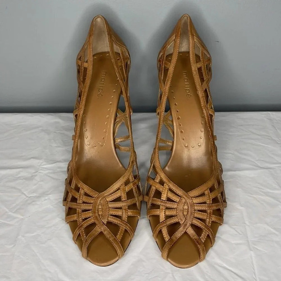 Maripe Rio Peep Toe Leather Shoes Tan Cutout Crossover Heels Retro Summer 11 - Picture 2 of 13